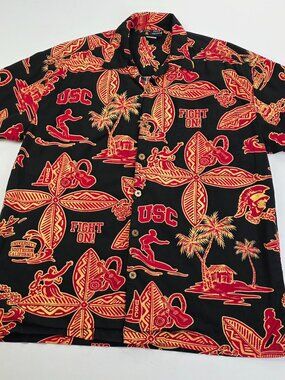 Team Trojan V Neck Short Sleeve Mens Large USC Trojans Black Red Hawaiian Shirt